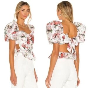 HEMANT & NANDITA White Floral Puff-Sleeve Tie-Back Crop Top